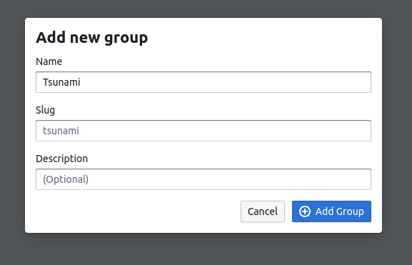 A dialog box showing fields for name, slug and description