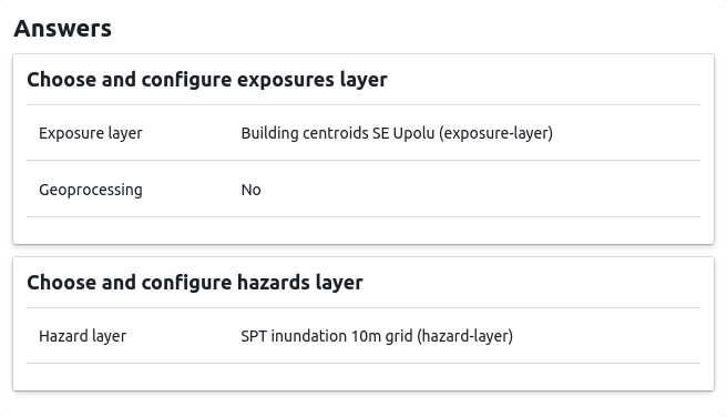 A list of answers provided so far, including choices for exposure and hazard layer