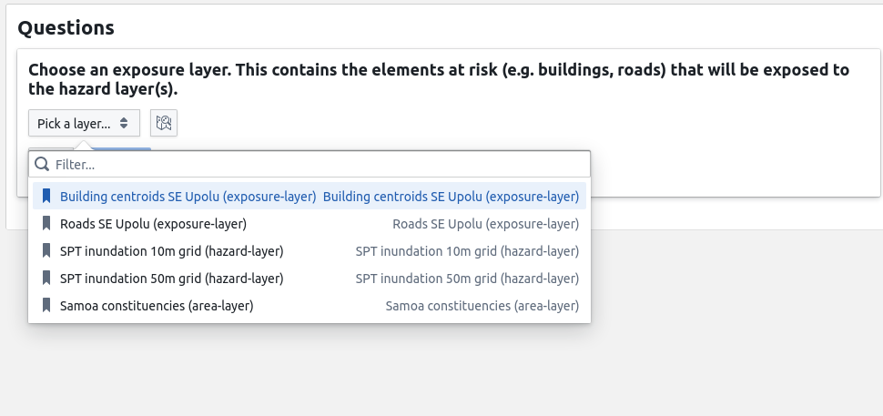 A file picker showing options for exposure and hazard layers