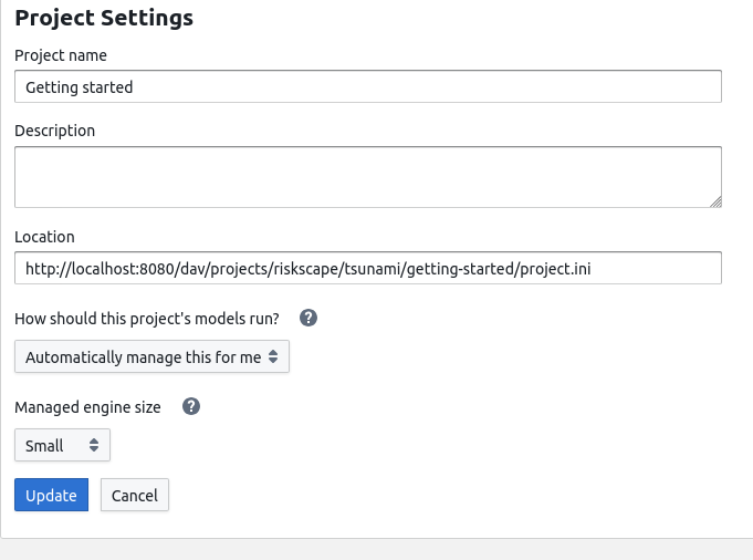 The project settings menu. The project is set to used managed engines.