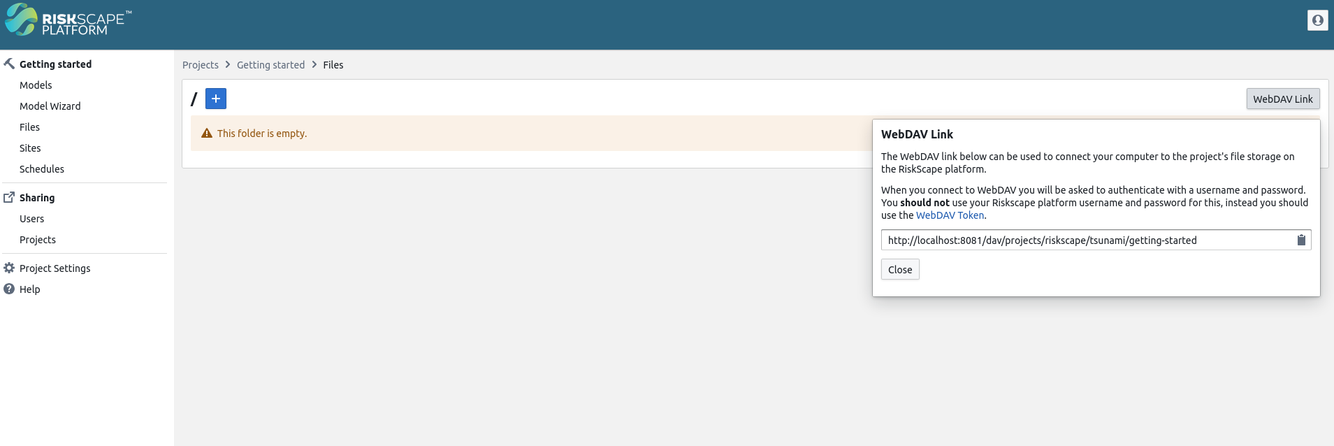 The files page for the new project. The WebDAV link is visible.