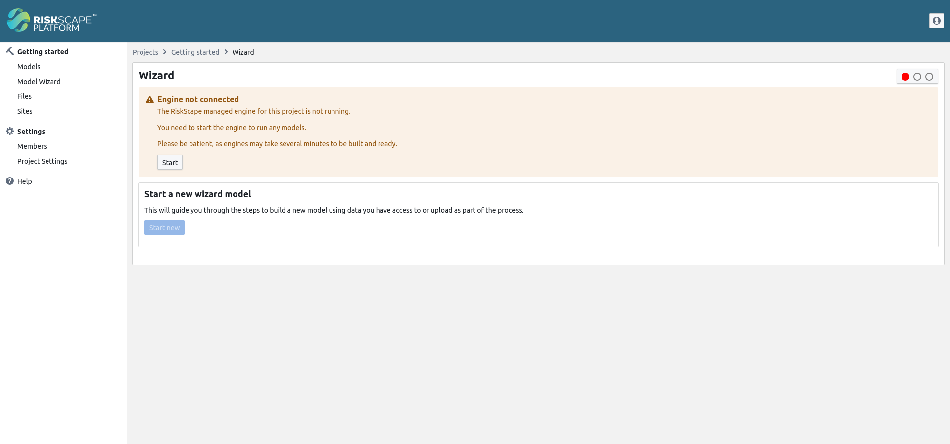 RiskScape Platform page showing the wizard screen without an Engine running